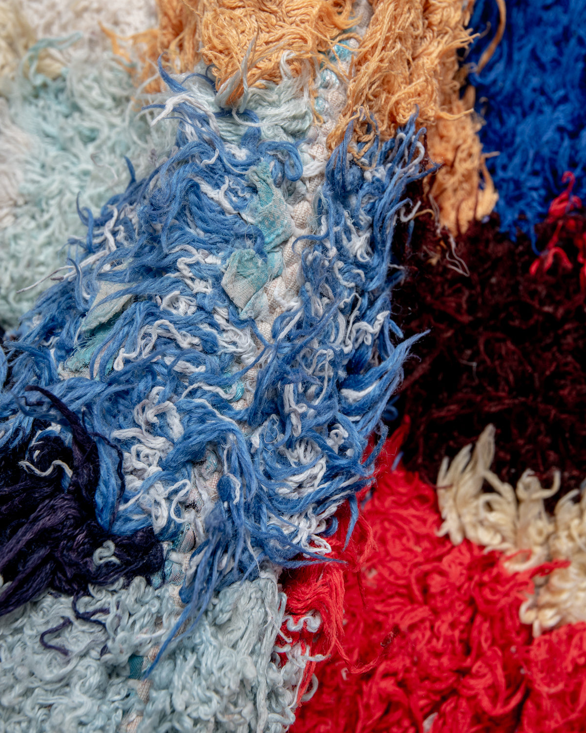 Modern designer vintage handcrafted Berber rug from Morocco. Boucherouite with beautiful colors and patterns.